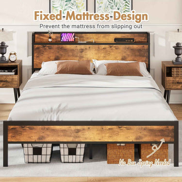 Advwin Double Bed / Queen Bed Frame with Industrial Storage Headboard, USB Charging Station, and Hardwood Accents